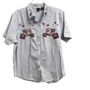 Quizz Again Chambray Size Large Patriotic Flag America Button Down VTG